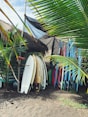 white and red surfboard on brown sand