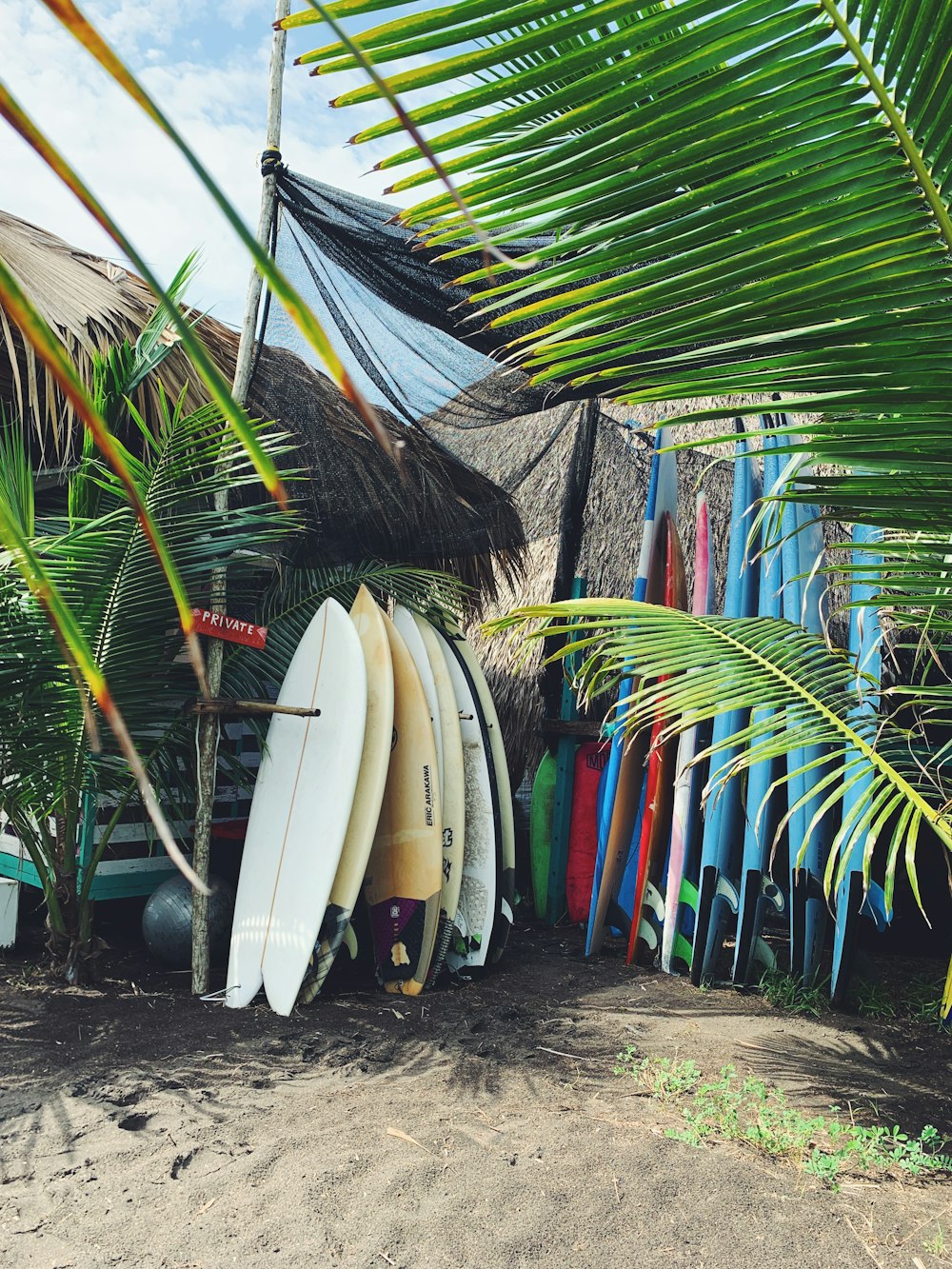 white and red surfboard on brown sand