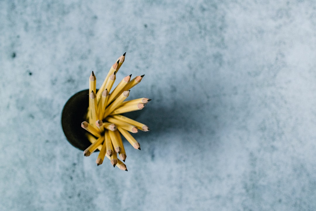 yellow flower on gray surface, Sharpened #2 pencils in a cup