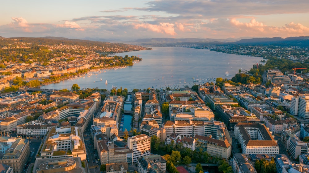 aerial view of city buildings near body of water during daytime