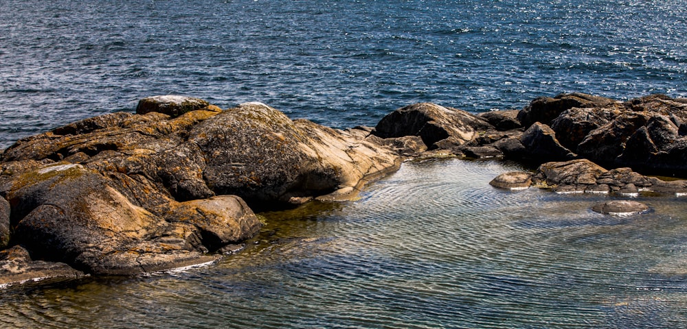 Rocas marrones en el cuerpo de agua durante el día