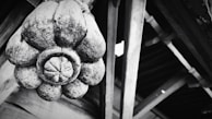 A large, intricately carved wooden ornament resembling a flower is attached to a wooden structure. The texture of the wood is rough and weathered, highlighting cracks and grain patterns. The background consists of wooden beams and planks, adding an architectural element.