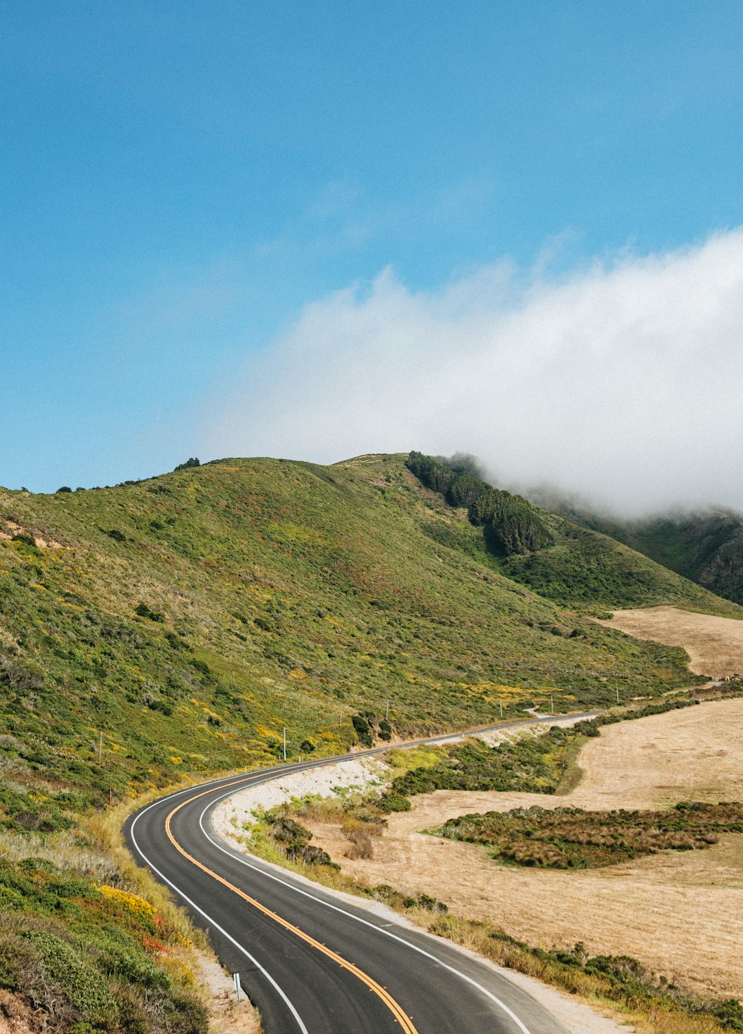 green grass covered hill near road under blue sky during daytime