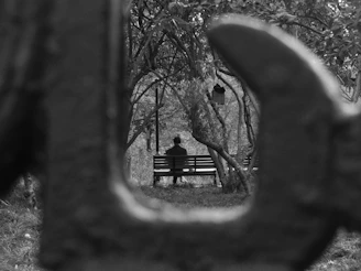 A person sitting alone on a park bench, looking distant and disconnected from their surroundings.
