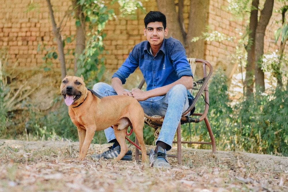 man in blue dress shirt sitting on brown wooden armchair beside brown short coated dog during