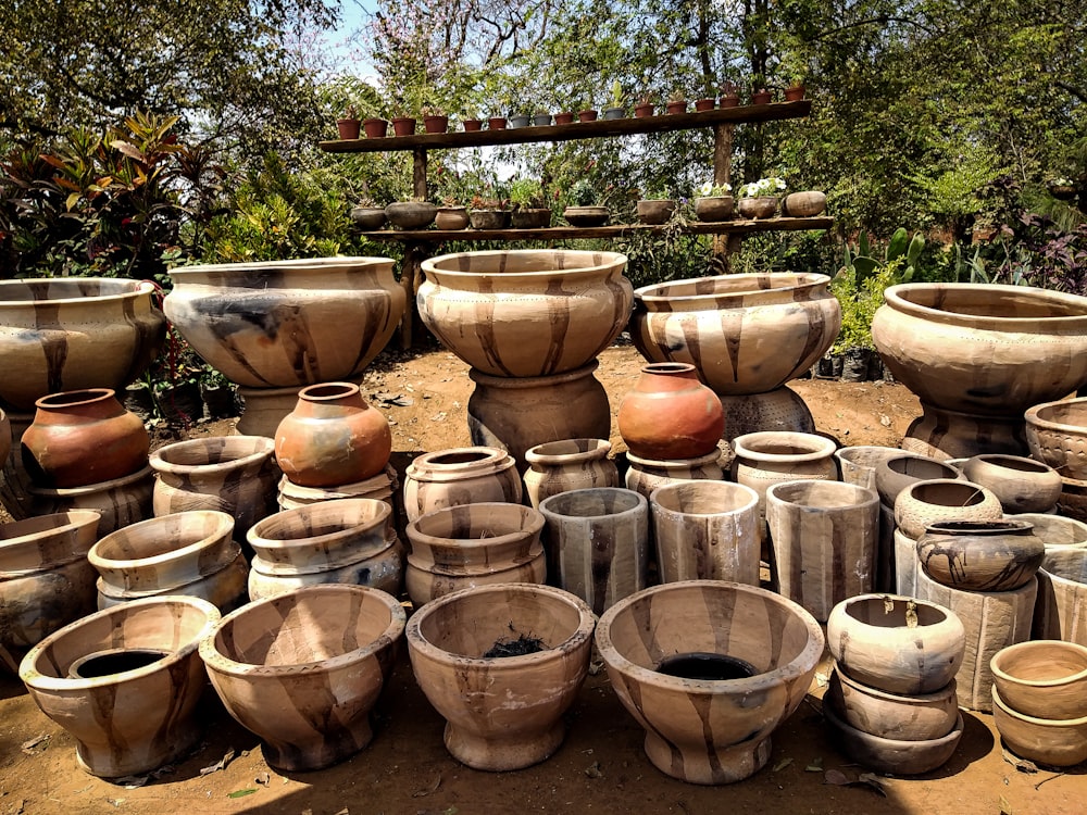 brown clay pots on brown soil