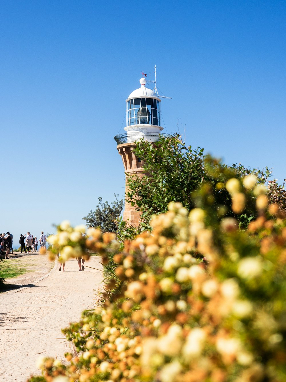 people walking near white and brown lighthouse under blue sky during daytime