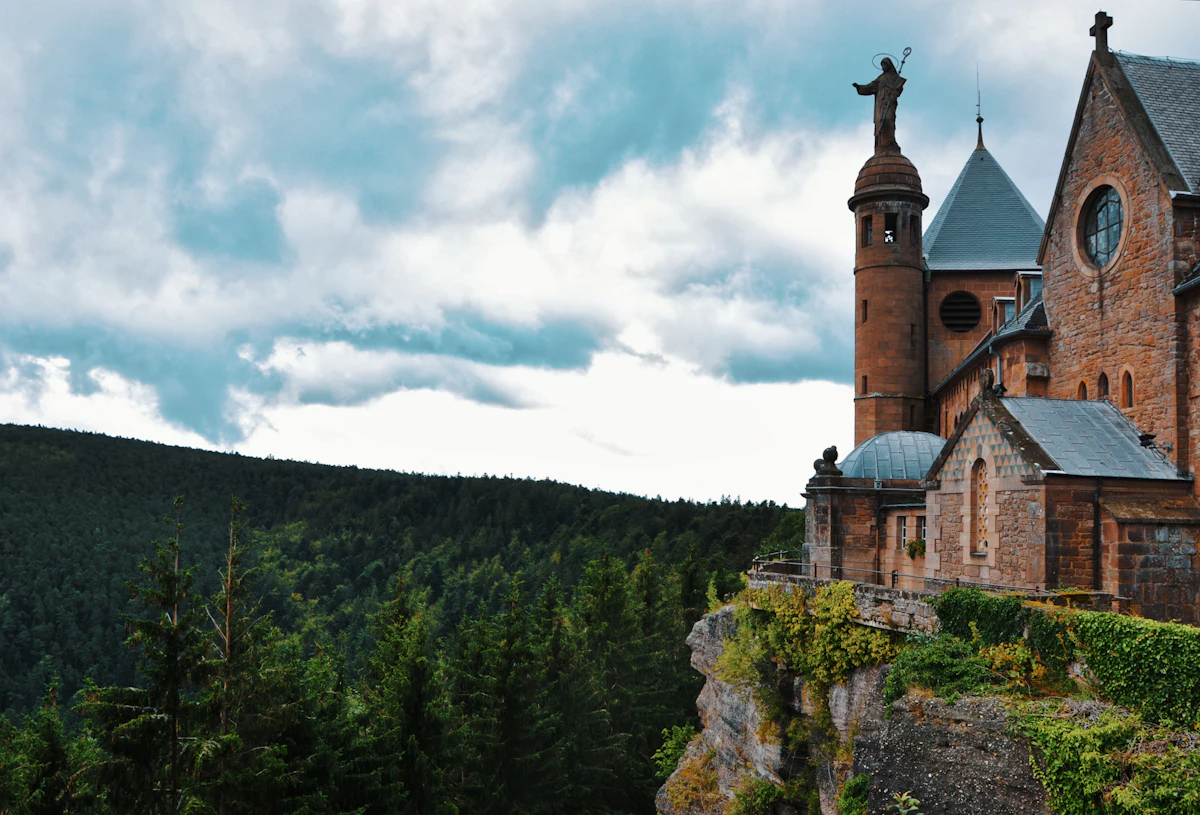 Hohenbourg Abbey on Mont Sainte-Odile, on its rocky spur above the forest