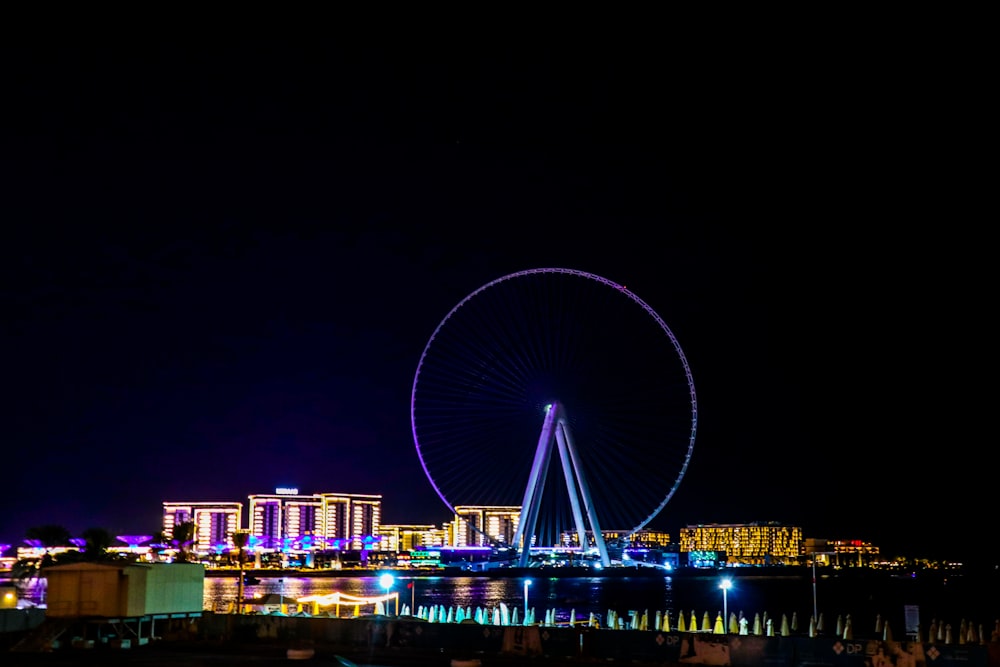 city skyline during night time