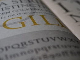A close-up view of printed text on a page, featuring various font sizes. The focus is primarily on the large gilded letters 'GIL', with smaller, blurred text in the background.