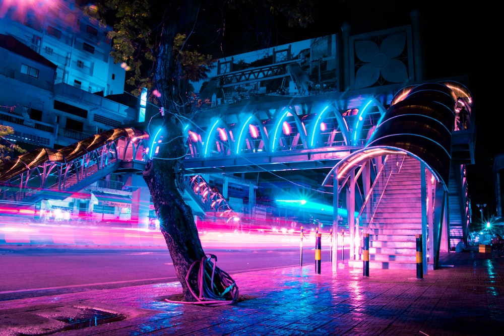 blue and white lighted fountain during night time