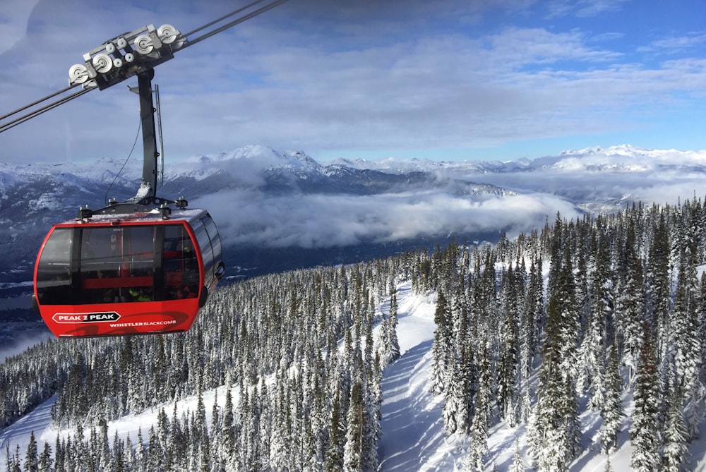 red cable car over snow covered ground