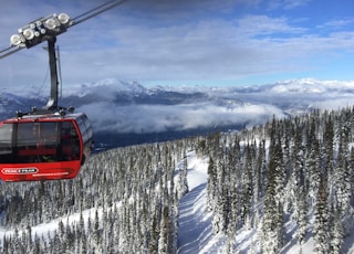 red cable car over snow covered ground