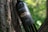 A wine bottle labeled 'PIATTELLI VINEYARDS' rests against a tree trunk with textured bark. The label indicates it is a High Altitude Malbec from the Cafayate Valley, Argentina, vintage 2019. The background is a lush, blurred forest with dappled sunlight creating a natural, serene atmosphere.