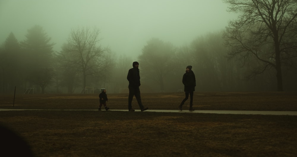 2 person standing on brown field during foggy weather