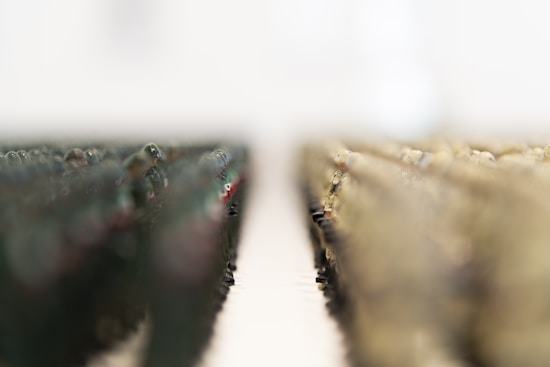 A close-up shot of two rows of miniature toy soldiers facing each other, with a sharp focus in the middle and blurred edges. The soldiers on the left appear darker in color, while those on the right are lighter.