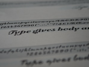 A close-up view of typeface samples printed on a sheet of paper. The text is in different styles and fonts, highlighting decorative and serif characteristics. The paper appears slightly angled, emphasizing the artistic nature of typography.