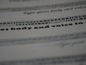 An image featuring a close-up view of text on a paper. The text includes various font styles and sizes, focusing on a bold and larger typeface in the middle. The image is blurred in certain areas, creating a depth of field effect.