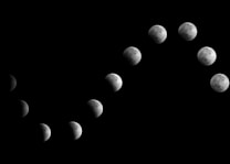 A series of moon phases displayed against a dark black background, showing the gradual transition from the crescent to a nearly full moon along a curved path.