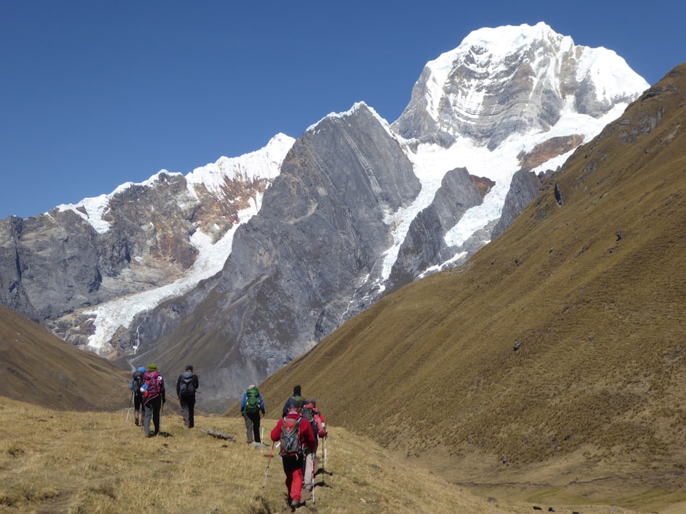 people walking on green grass field near snow covered mountain during daytime