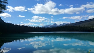 Peaceful Idaho mountain landscape with a calm lake reflecting the clear sky.