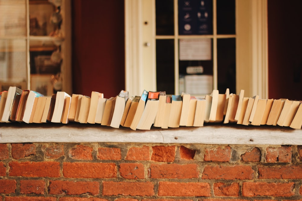 books on brown brick wall