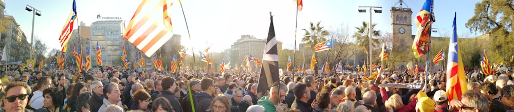 people gathering on a street with flags during daytime