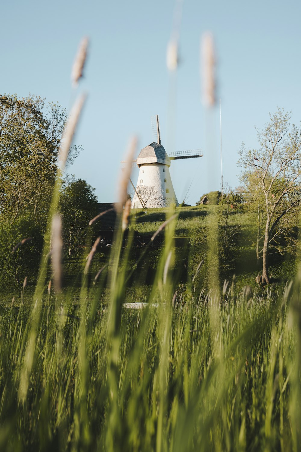 white and black lighthouse surrounded by green grass during daytime