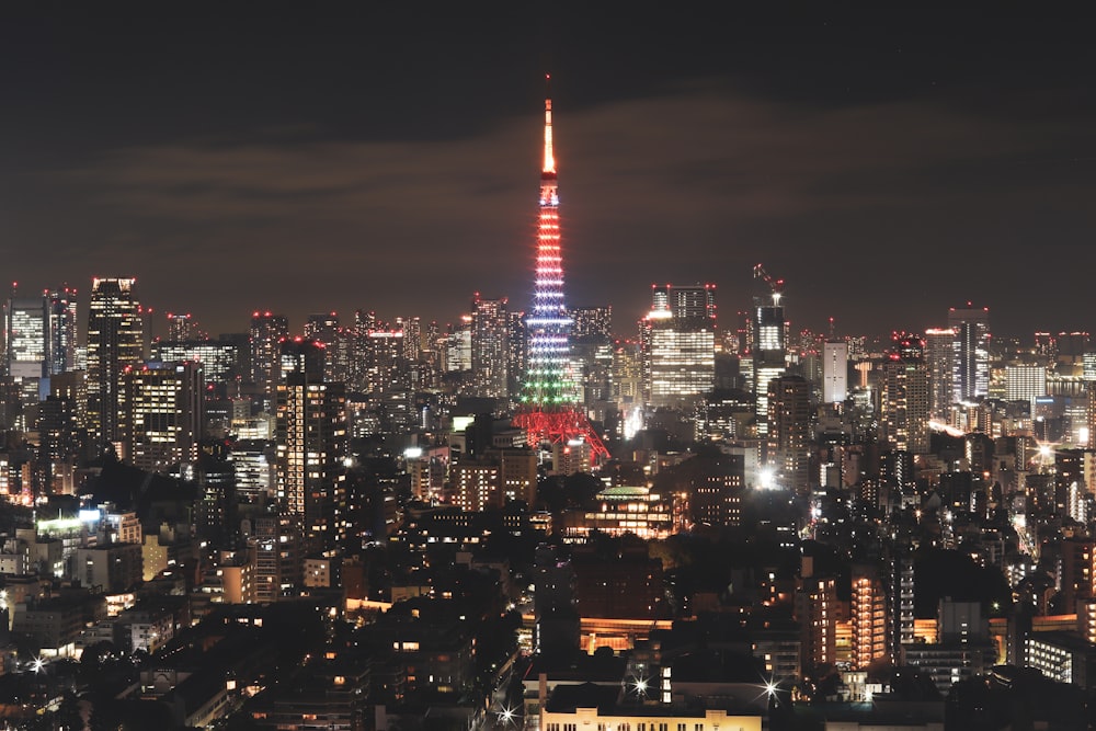 city skyline during night time