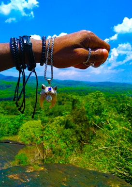 A hand adorned with several black and braided bracelets is holding a silver necklace featuring a pendant that resembles a wolf or animal fang with a blue gem. The background reveals a lush, green forest landscape under a bright blue sky with scattered clouds, suggesting a clear, sunny day.