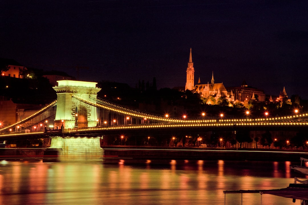 green bridge with lights during night time