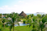 A tropical resort setting with lush green palm trees surrounding a pool area. A thatched-roof hut is visible in the center, with the serene ocean and small islands in the background under a clear blue sky.