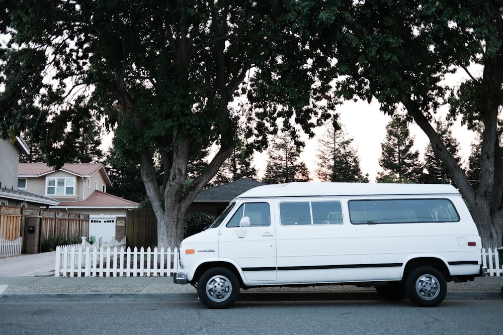 white suv parked beside green tree during daytime