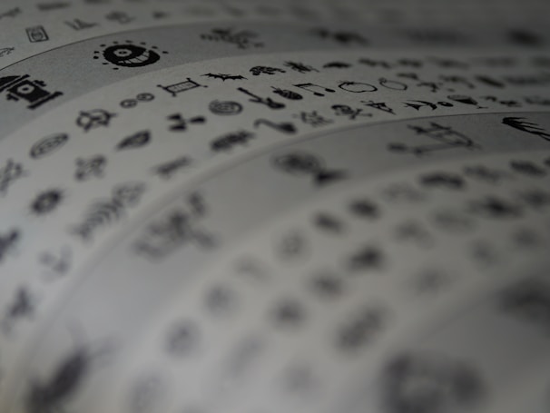 Close-up of a banner featuring unique symbols and designs.