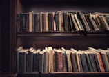 A wooden bookshelf filled with a variety of old books arranged on two shelves. The books have worn, textured covers in muted colors, indicating age and frequent use. The lighting is dim, casting a warm, cozy glow over the scene.