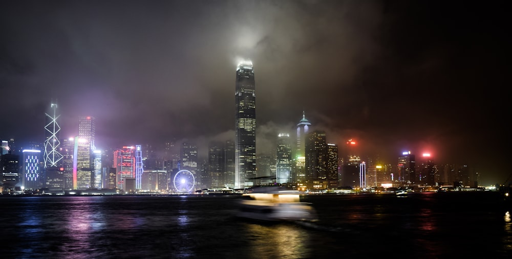 city skyline during night time