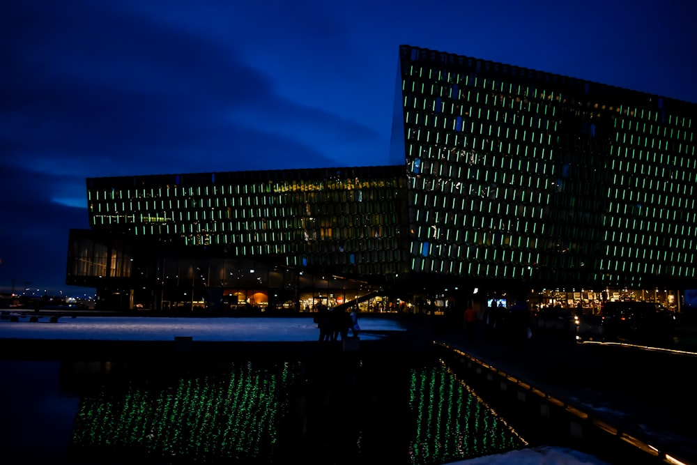 black and white building during night time