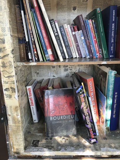 A collection of books arranged on a wooden bookshelf, with some books standing upright and others leaning or stacked. The shelves are lined with vintage-style newspaper clippings. A prominent book titled 'Bourdieu: Journalistic Field' is leaning forward, drawing attention with its distinct red and black cover.