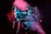 A professional video camera setup on a tripod is enveloped in pink and blue haze. The camera is adorned with various attachments and handles, indicating a high-end, cinematic rig used in professional filming.