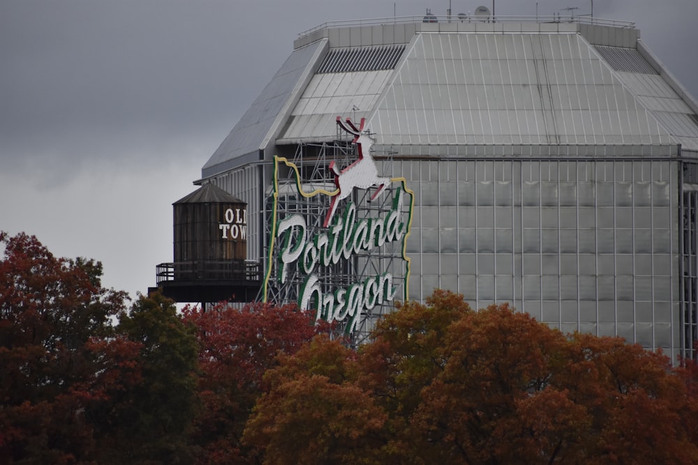 a large building with a sign on the side of it