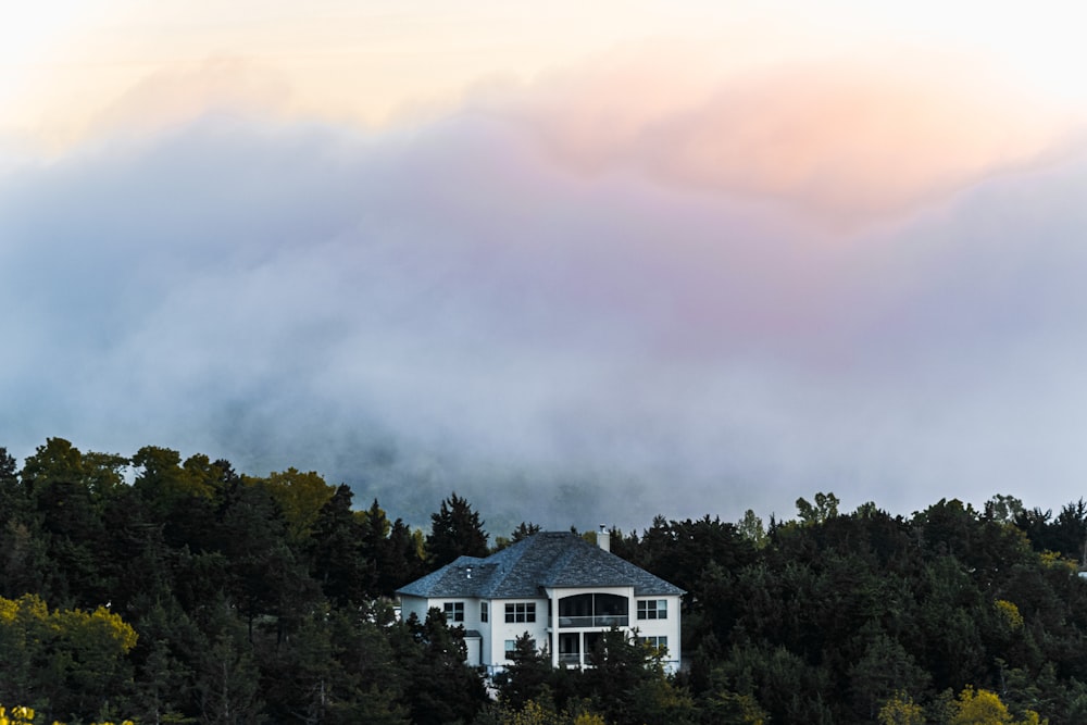 Casa blanca y negra rodeada de árboles verdes bajo nubes blancas