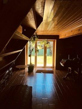 A cozy interior space with wooden flooring and ceiling, illuminated by sunlight streaming through a glass door. A potted plant is placed near the door, and there's a small round table and chair nearby. The warm lighting casts shadows, creating a serene and inviting atmosphere.