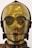 A humanoid robot with a shiny metallic gold surface and intricate detailing, including round eyes with grate-like designs and a small rectangular mouth. The head has a smooth, glossy finish with subtle reflections.