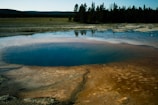 A serene landscape featuring a geothermal hot spring with clear blue water, surrounded by colorful mineral deposits in shades of orange and brown. Tall, dark green trees form a dense forest in the background, contrasting with the clear sky above.