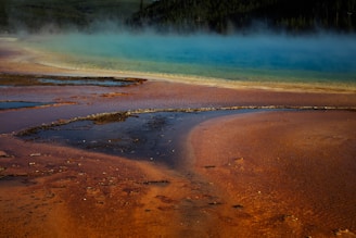 Vibrant geothermal landscape with colorful hot spring, surrounded by orange, brown, and blue mineral-rich waters. Mist rises above the clear blue and green water at the far end, surrounded by dark forested hills in the background.