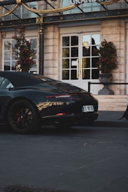 A sleek, black luxury sports car is parked on a paved street in front of a grand hotel entrance with large white doors. The area is adorned with ornate gold accents and tall potted plants with red flowers.