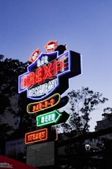 A brightly lit neon sign with multiple colors advertising a bar and restaurant. The sign features words like 'BREXIT', 'BAR-B-Q', 'BEER', and 'STEAKS' in bold, glowing letters. It's positioned against a dusky sky with silhouettes of trees in the background, creating a vibrant contrast.