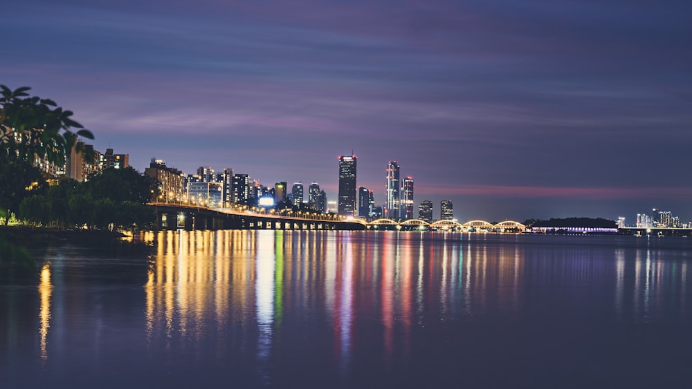 city skyline during night time