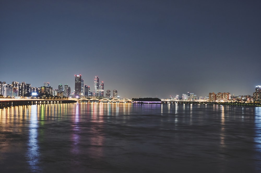 city skyline during night time