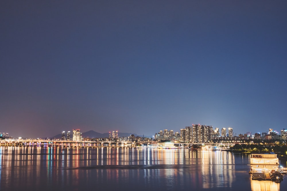 city skyline during night time